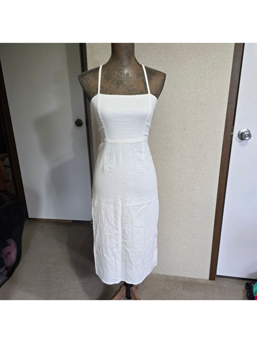 Wild Fable Size 2 Womens Midi Dress White Strappy Back Linen Blend Sleeveless